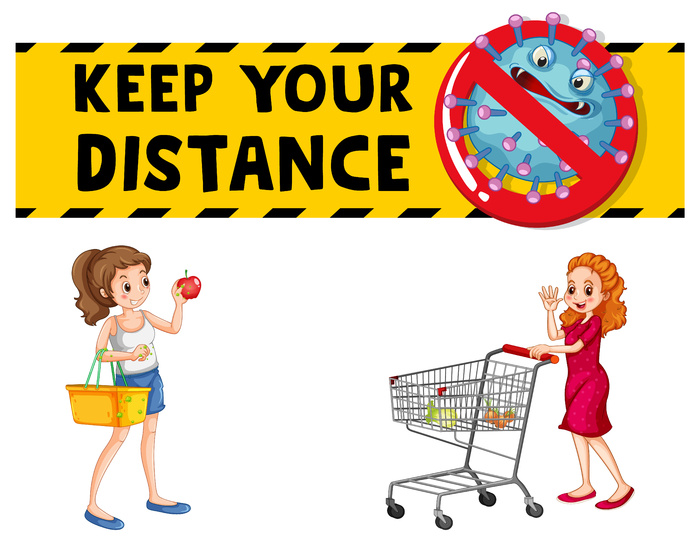 保持你的距离字体设计与一个女人拿着购物篮隔离