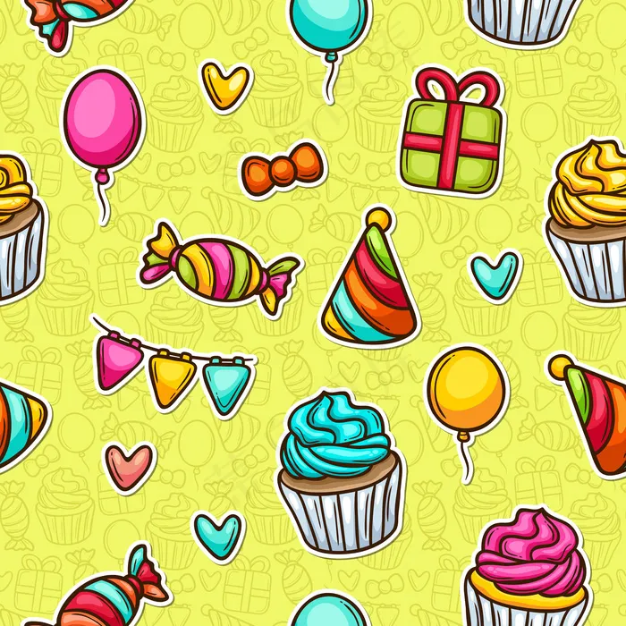 纸杯蛋糕派对涂鸦彩色无缝图案eps,ai矢量模版下载