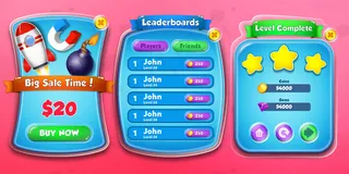 休闲卡通儿童游戏店销售时间，排行榜和水平完整的菜单弹出