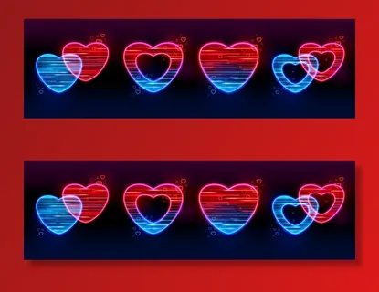 一组霓虹灯发光的红心移动iu ux游戏图标隔离在黑色背景上。