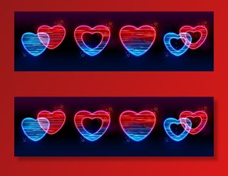 一组霓虹灯发光的红心移动iu ux游戏图标隔离在黑色背景上。
