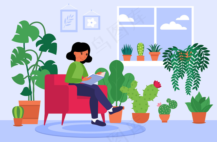 在室内植物中读书的女人eps,ai矢量模版下载
