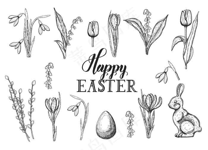 春复活节套装有手工涂鸦复活节彩蛋、巧克力兔子、铃兰、郁金香、雪花莲、番红花、柳树。手绘刻字-复活节快乐