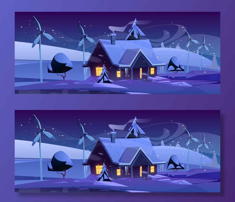 冬夜带风力涡轮机的智能住宅，雪林中的生态友好型住宅