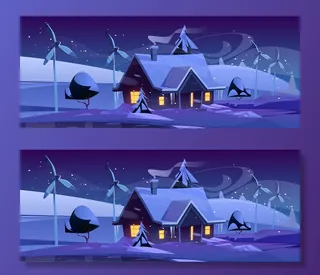 冬夜带风力涡轮机的智能住宅，雪林中的生态友好型住宅