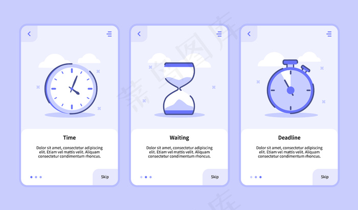 手机app移动应用程序app模板横幅banner页面用户界面的时间等待截止日期具有三种不同的现代平面轮廓样式