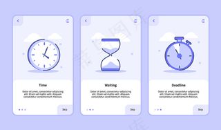 手机app移动应用程序app模板横幅banner页面用户界面的时间等待截止日期具有三种不同的现代平面轮廓样式