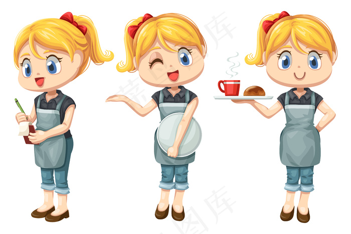 一组微笑的女服务员围着围裙在咖啡店工作，卡通人物