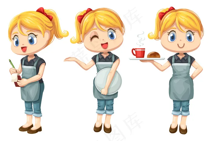 一组微笑的女服务员围着围裙在咖啡店工作，卡通人物eps,ai矢量模版下载
