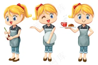 一组微笑的女服务员围着围裙在咖啡店工作，卡通人物