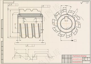 以米色技术文件为背景的机械工程图纸。刀具，铣刀。