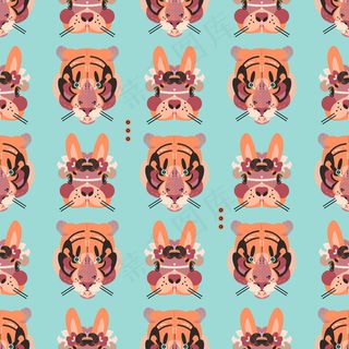 可爱的老虎和兔子的脸在无缝模式