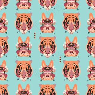 可爱的老虎和兔子的脸在无缝模式