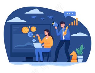 女人和男孩对着扩音器大喊数字营销广告活动的插图