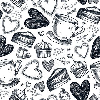 无缝茶话会，咖啡，纸杯蛋糕，糖果，心形手绘图案。黑白复古手绘背景