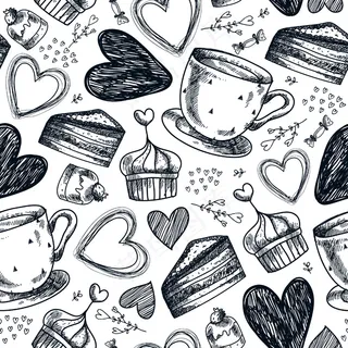 无缝茶话会,咖啡,纸杯蛋糕,糖果,心形手绘图案。黑白复古手绘背景 无缝茶话会,咖啡,纸杯蛋糕,糖果,心形手绘图案。黑白复古手绘背景