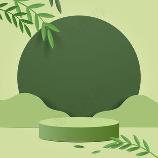 具有几何形式的抽象极小场景。柱式平台，自然绿色背景，绿色植物叶子。