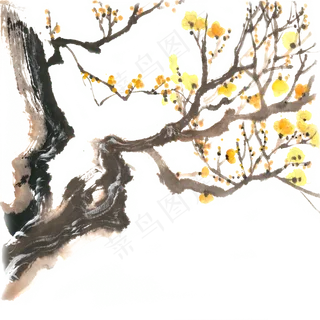 苍劲的腊梅树水墨画PNG免抠素材