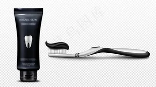 塑料管和刷子上的黑色牙膏