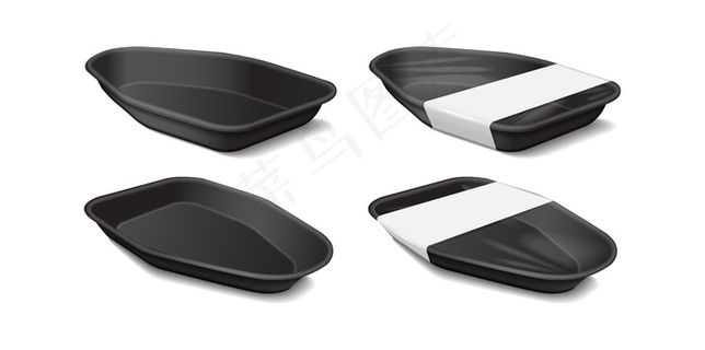 带白色标签的黑色食品塑料托盘。侧视图。泡沫塑料食品储藏室。深色泡沫餐盒，食物空盒
