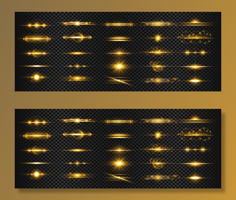 一组金色的透明光透镜光斑条纹