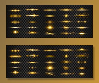 一组金色的透明光透镜光斑条纹