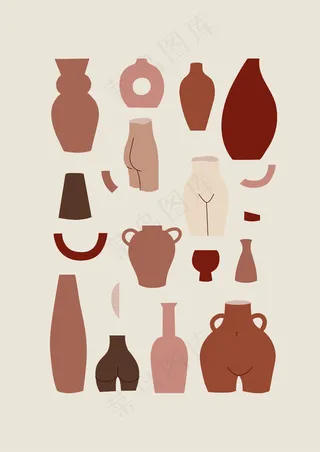 彩色装饰花瓶和花盆的不同形状插图集