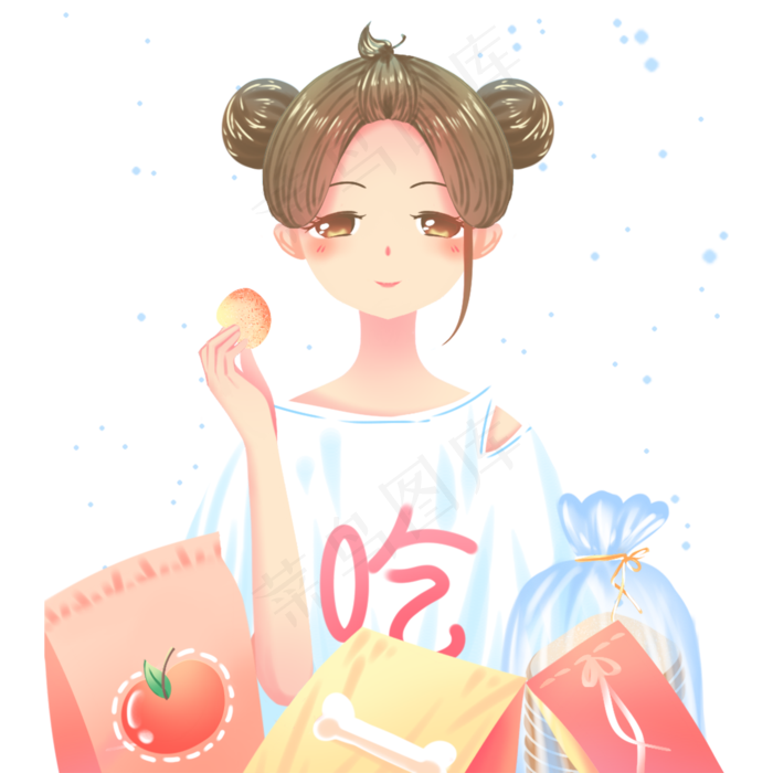蓝色唯美卡通可爱少女吃零食食品(2000X2000(DPI:300))psd模版下载