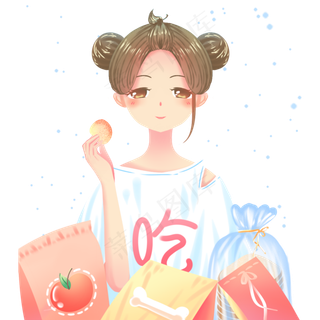 蓝色唯美卡通可爱少女吃零食食品