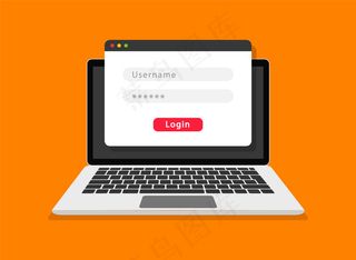 笔记本电脑屏幕上的登录表单。登录和密码表单页。帐户登录用户。登录帐户。用于授权的用户名和密码字段。平面设计。插图。