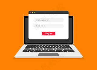 笔记本电脑屏幕上的登录表单。登录和密码表单页。帐户登录用户。登录帐户。用于授权的用户名和密码字段。平面设计。插图。