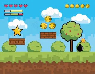 带有灌木、植物和树木的像素化视频游戏场景