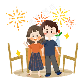 七夕卡通情侣一起看烟花PNG素材
