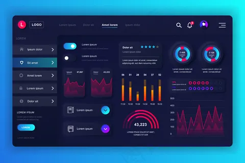Neumorphic仪表板用户界面套件。管理面板模板与信息图形元素，hud图，信息图形。用户界面和用户体验设计网页的网站仪表板。中性风格。
