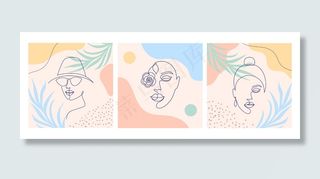 有女性面孔的拼贴画。单线画法。