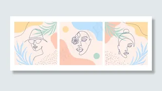 有女性面孔的拼贴画。单线画法。