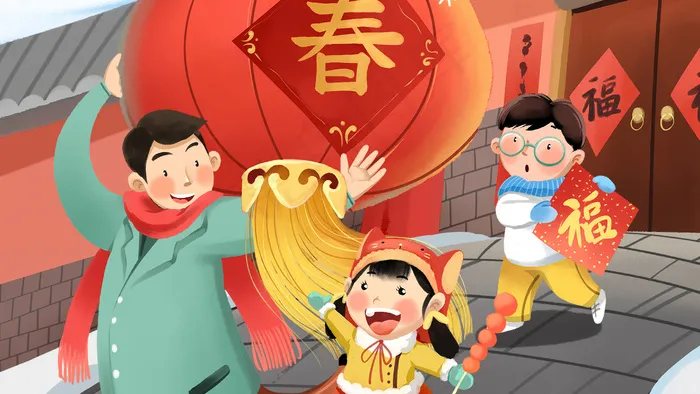 卡通手绘风春节贴对联挂灯笼配图(2880*1620px 300 dpi )psd模版下载