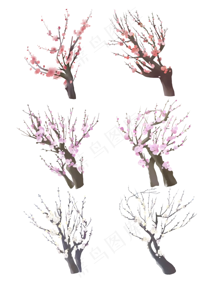 手绘鲜花多枝红色粉色白色梅花(3072X4107(DPI:300))psd模版下载