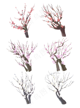 手绘鲜花多枝红色粉色白色梅花
