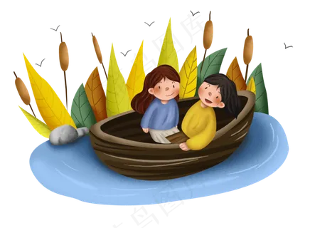 秋季湖边木船里的女孩