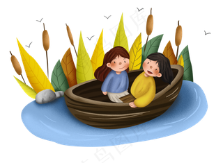 秋季湖边木船里的女孩