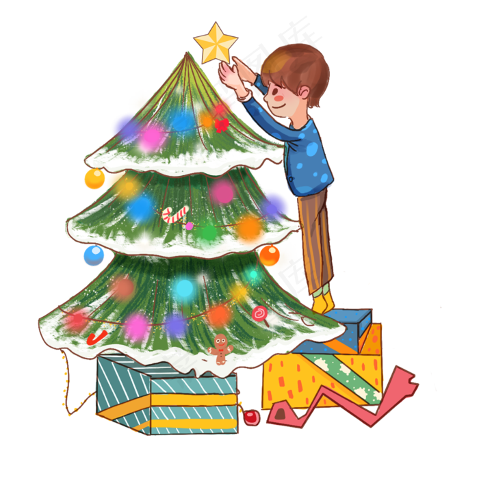 圣诞节小男孩圣诞树手绘插画,免抠元素