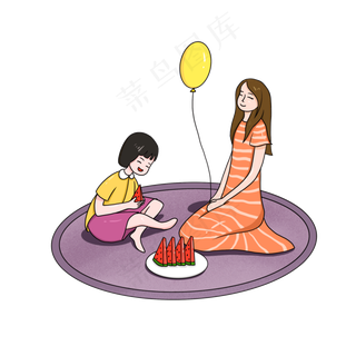 母女野餐卡通手绘