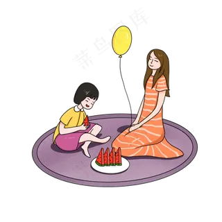 母女野餐卡通手绘