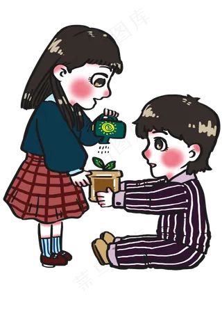 植树节好朋友一起照顾幼苗吧卡通