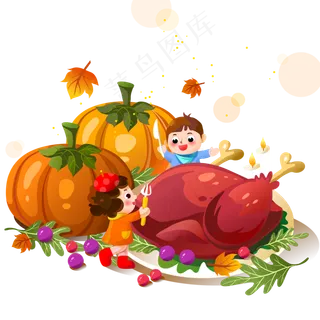 感恩节卡通人物吃火鸡,免抠元素