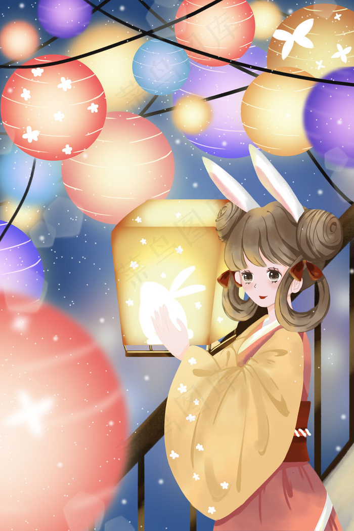 中秋节节日月兔拟人兔子花灯孔明灯梦幻银河