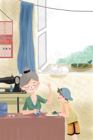 端午节奶奶外婆给孩子缝制艾草香包温馨图