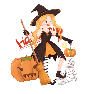 万圣节提南瓜灯的小魔女,免抠元素