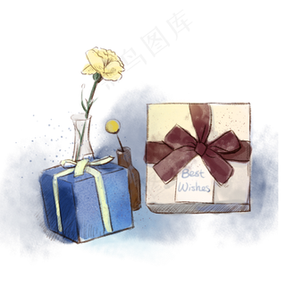 手绘水彩文艺干花礼盒PNG免抠